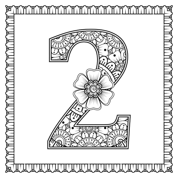 Número 2 con adornos decorativos de flores Mehndi en estilo étnico oriental página de libro para colorear