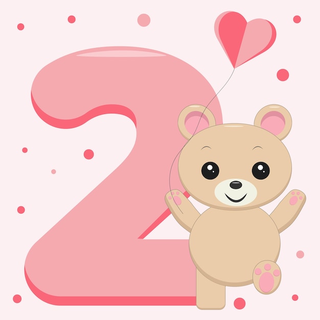 Número 2 para cumpleaños con oso divertido para tarjeta de invitación.