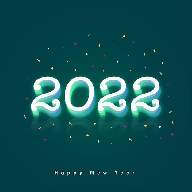 Número 2022 brillante 3D con confeti sobre fondo verde azulado para el concepto de feliz año nuevo.