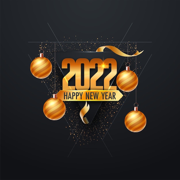 Número 2022 dorado con adornos brillantes colgantes, cintas curvas y efecto de partículas sobre fondo blanco para el concepto de feliz año nuevo.