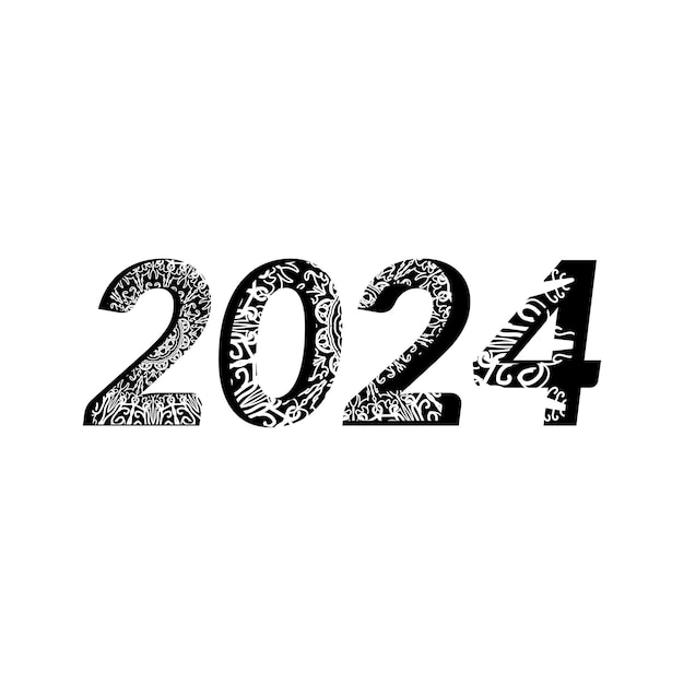 Número 2024 con adorno decorativo Mandala en página de libro de colorear de estilo étnico oriental