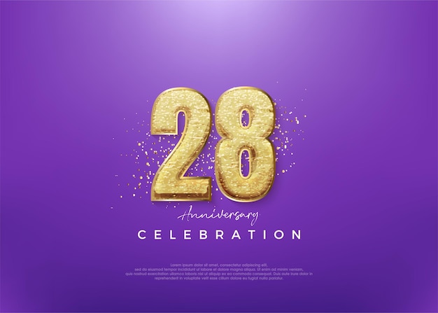 Número de 28 aniversario con brillo dorado brillante Número de fondo vectorial premium para saludos y celebraciones