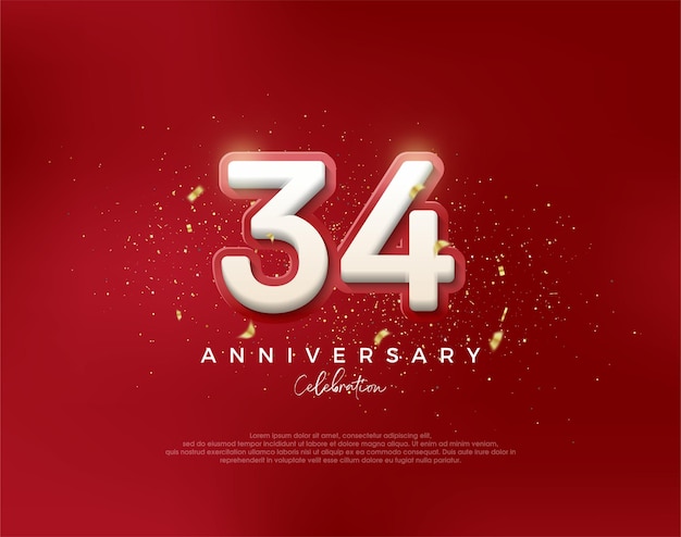 Número del 34.º aniversario con números blancos 3d sobre un fondo rojo Vector premium para saludo de celebración de pancarta de póster