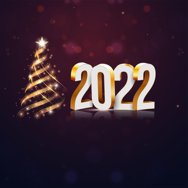 Número 3D 2022 con árbol de Navidad de Golden Wave, efecto de luz sobre fondo abstracto Bokeh.