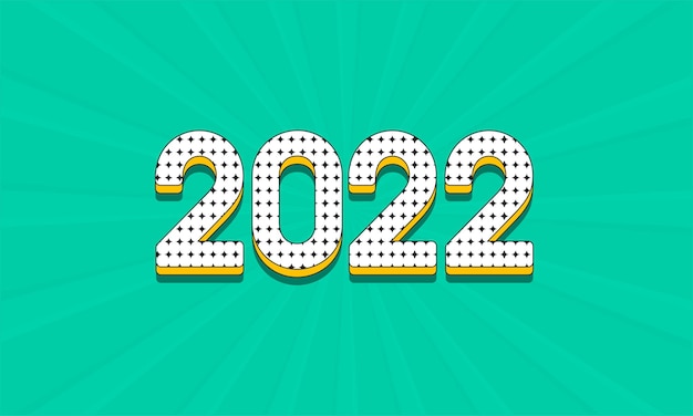 Número 3D 2022 con patrón de estrella sobre fondo de rayos verdes.