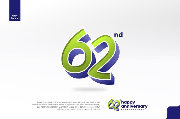 Número 3D del 62 aniversario con diseño de jubileo de plata en verde pera y azul violeta