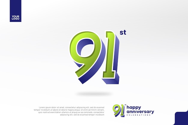Número 3D del 91o aniversario con diseño de jubileo de plata en verde pera y azul violeta