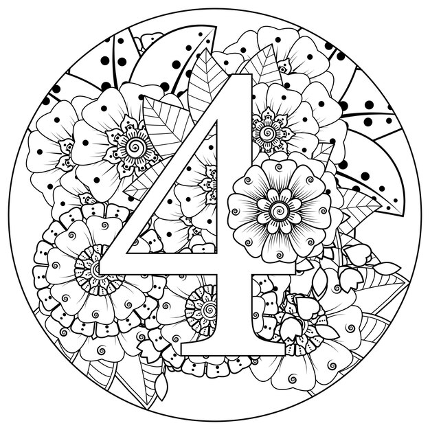Número 4 con adorno decorativo de flores Mehndi en estilo étnico oriental página de libro para colorear