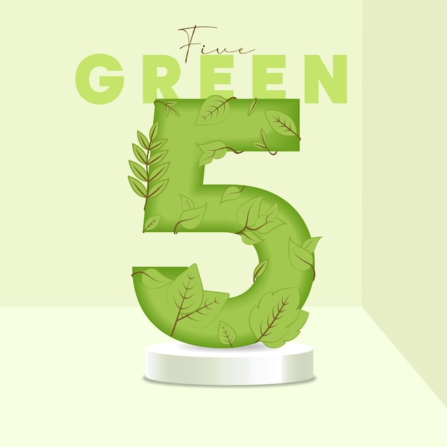 Número 5 hojas y ramas en el stand Símbolo de fuente 5 de hojas con textura de planta verde