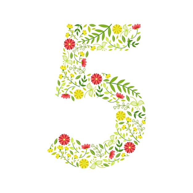 Número 5 Número floral verde hecho de hojas y flores Ilustración vectorial de patrón