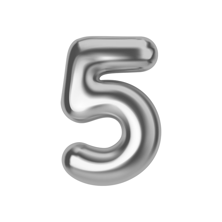 Vector número 5 de plata balón de papel de aluminio y látex número cinco en estilo 3d elementos de diseño realistas aislados en fondo blanco ilustración vectorial