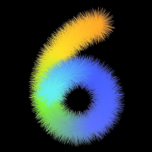 El número 6 peludo y colorido sobre un fondo negro