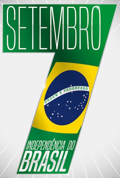 Vector número 7 con la bandera de brasil dentro y saludo para la celebración del día de la independencia de brasil