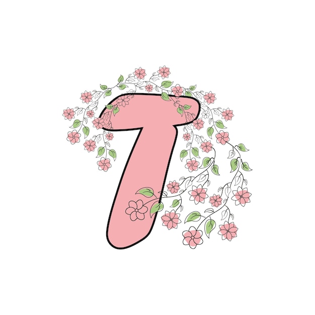 Un número 7 rosa con flores en la parte inferior.
