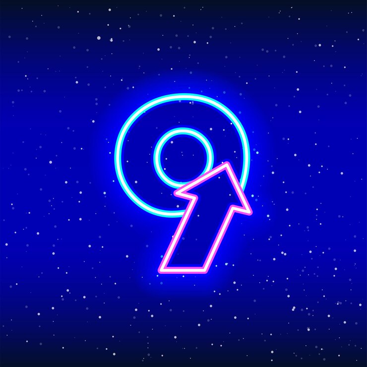 Vector número 9 y signo de flecha en color azul neón y rosa número nueve con flechas de estrellas espaciales