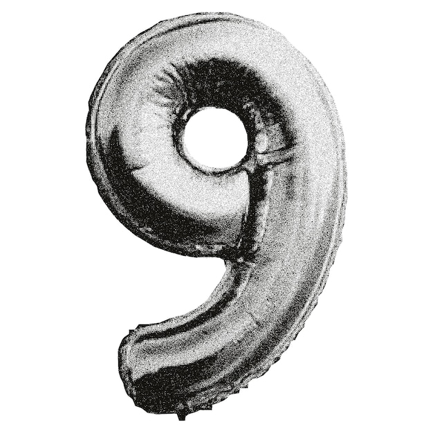 Número 9 con una textura de puntos granulados globo de papel de aluminio en forma de número 9 collage estilo Y2K