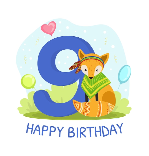 Número de aniversario de cumpleaños y bonita plantilla de tarjeta de animal zorro con patrón étnico para una ilustración vectorial de nueve años de edad en fondo blanco