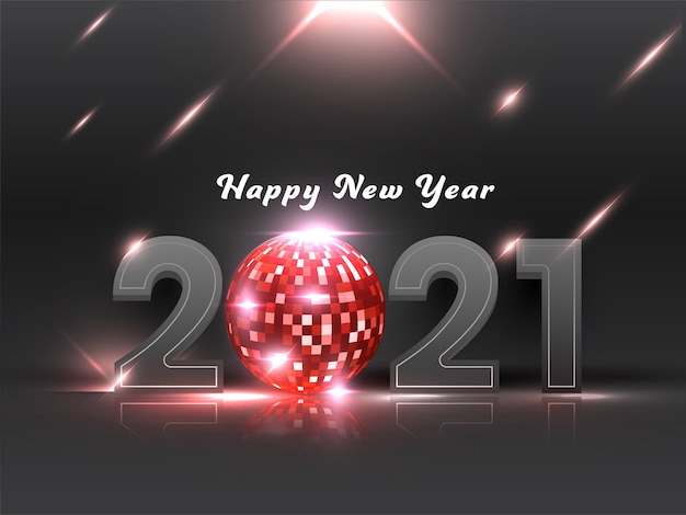 Número con bola de discoteca roja y efecto de luces sobre fondo gris oscuro para feliz año nuevo.
