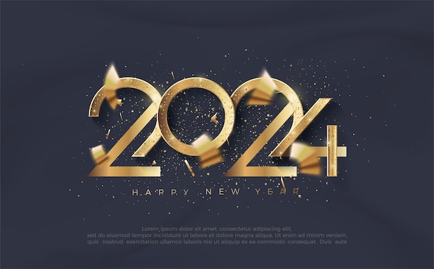 Número de brillo de oro y lujo feliz año nuevo 2024 Diseño de vector premium para cartel banner saludo y celebración de feliz año nuevo 2024