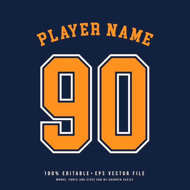 Número de camiseta nombre del equipo de baloncesto efecto de texto imprimible vector editable 90 número de camiseta