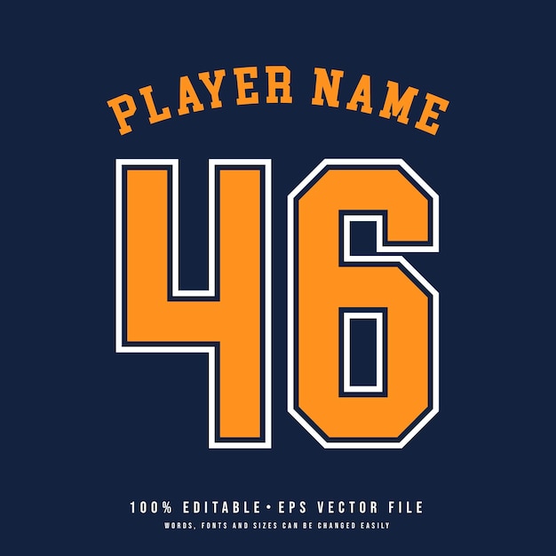 Número de camiseta nombre del equipo de baloncesto efecto de texto imprimible vectorial editable 46 número de camiseta