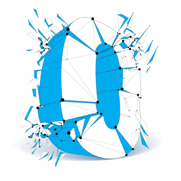 Número cero de poli bajo vectorial 3d con líneas y puntos conectados negros, fuente de estructura metálica geométrica con fragmentos. Perspectiva destrozada dígito con hilo.