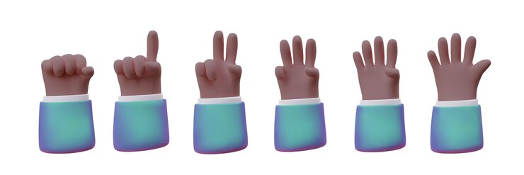 Vector número de conteo en los dedos de 0 a 5 conjunto de imágenes realistas vectoriales las manos de piel oscura muestran signos en los dedos ilustración 3d de color aislada con sombras