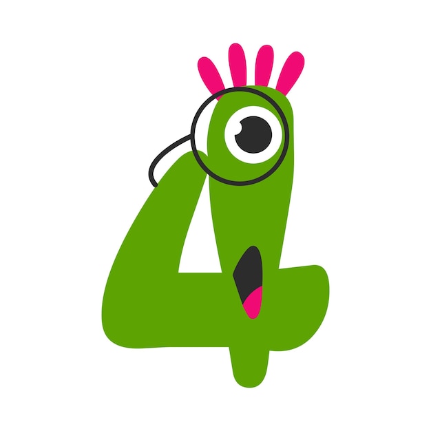 Número cuatro Monstruo verde lindo Creatura de fantasía divertida Personaje 4 Matemáticas numéricas Materiales de aprendizaje para niños Ilustración vectorial de estilo dibujos animados