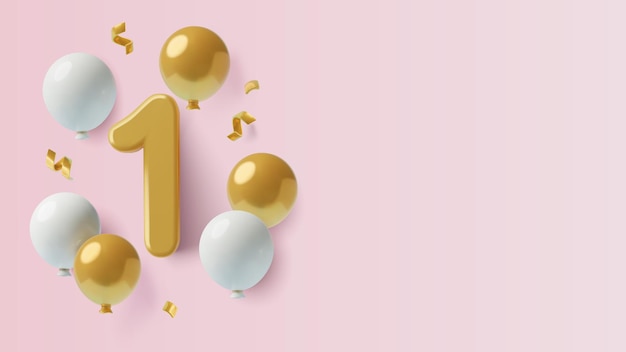 Número D con globos y confeti en fondo rosa con espacio de copia primer cumpleaños de niñas bebé