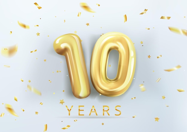 con el número diez 10 globos de helio de oro para su diseño decoración fiesta de cumpleaños