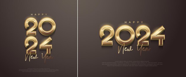 Número dorado 2024 con números brillantes Feliz año nuevo Diseño de lujo Diseño vectorial premium para carteles, pancartas, calendario y saludos