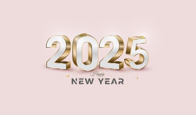 Número dorado y 3d feliz año nuevo 2025 En un lujoso fondo blanco limpio Diseño vectorial premium para saludar y celebrar el feliz año nuevo 2025.