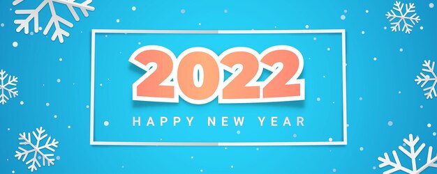 Número de encabezado de calendario 2022 con estilo de corte de papel. Banner de celebración de año nuevo con copo de nieve cayendo