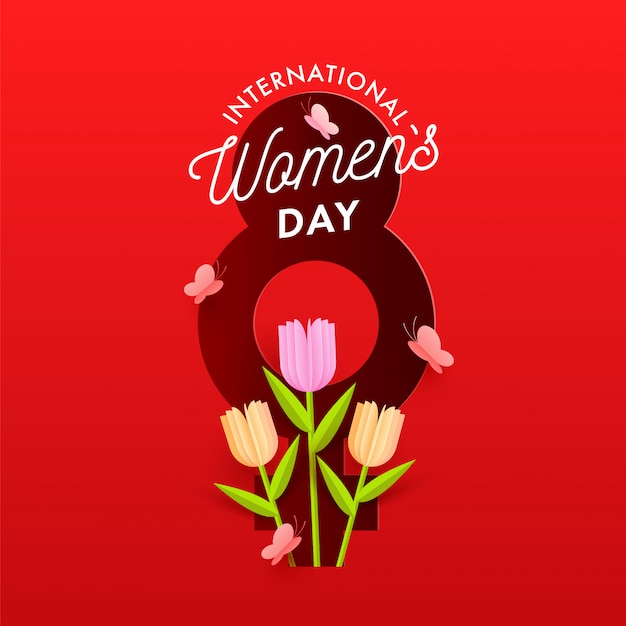 Número de estilo de papel rojo 8 con fondo de símbolo de género femenino tulip flowers y mariposas decoradas para el concepto de celebración del día internacional de la mujer.