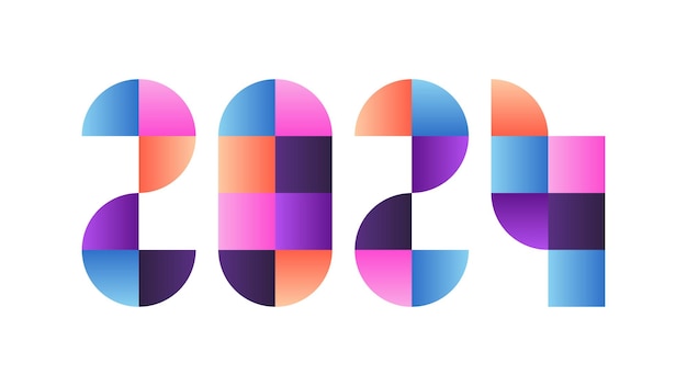 Número geométrico creativo 2024 para diseño degradado colorido de año nuevo aislado sobre fondo blanco