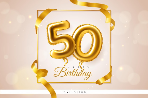 Número de globos dorados tarjeta de felicitación fecha de aniversario realista en marco de metal decoración festiva confeti y cintas invitación de fiesta 50 años plantilla de póster de cumpleaños concepto vectorial