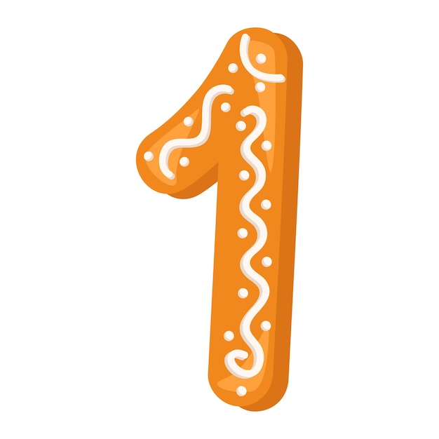Número uno hecho de pan de jengibre glaseado Símbolo de fuente festiva de Feliz Año Nuevo y signo de Navidad y número de diferentes formas Vector ilustración plana