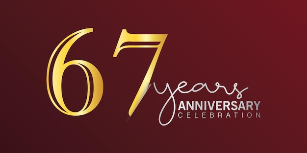 Número de logotipo de celebración del 67 aniversario color dorado con diseño vectorial de fondo de color rojo.