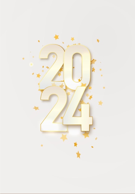 Vector número de metal de oro de año nuevo 2024 feliz año nuevo y feliz navidad con esta tarjeta de felicitación espíritu festivo ilustración vectorial