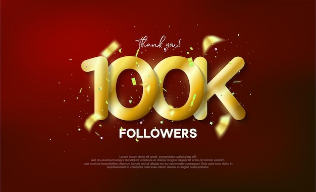 Número metálico dorado gracias seguidores 100k Vector premium para cartel banner celebración saludo
