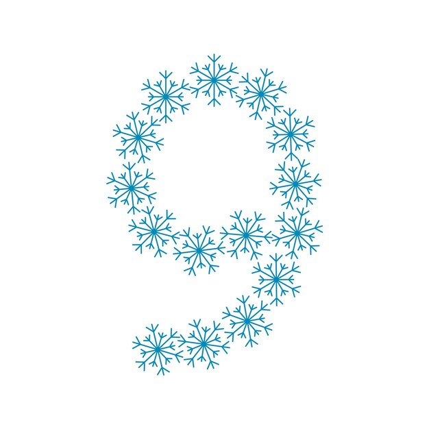 Número nueve de copos de nieve. Fuente o decoración festiva para Navidad y Año Nuevo
