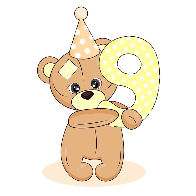 Número nueve y tarjeta de cumpleaños de bebé de oso de peluche sobre fondo blanco aislado personaje de dibujos animados lindo y número nueve textil impresión embalaje fiesta invitación vector ilustración