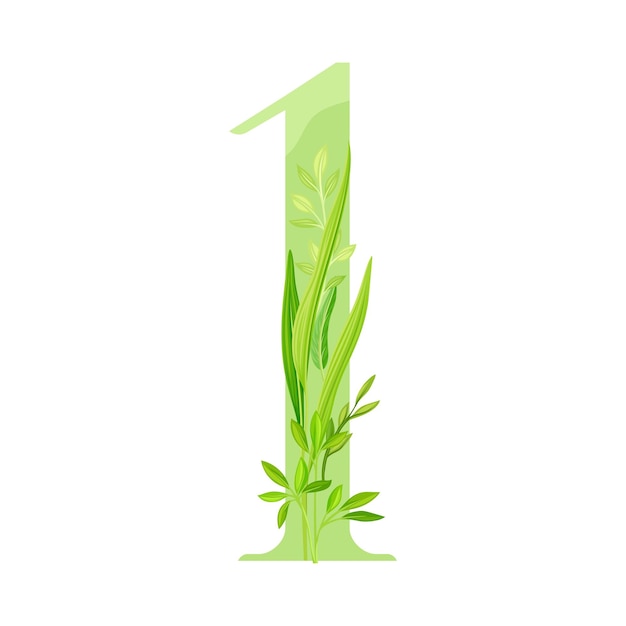 Número o número uno decorado con follaje verde e ilustración vectorial de hojas