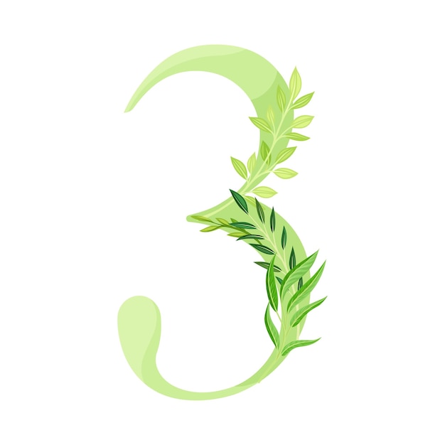 Número o número tres decorado con follaje verde e ilustración vectorial de hojas
