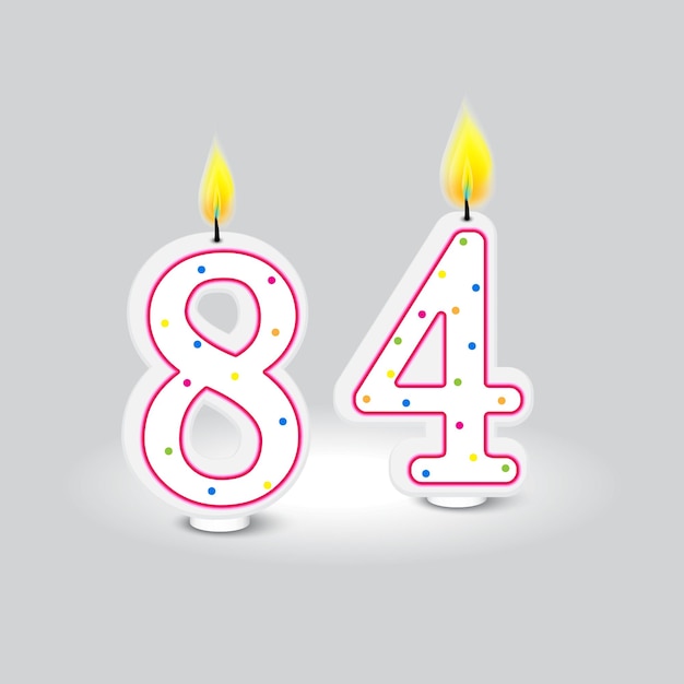 Número ochenta y cuatro Vector de velas de cumpleaños Puntos de polca coloridos Ilustración de fondo gris