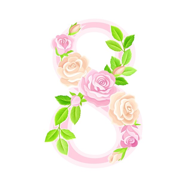 Número ocho arreglado con brotes de flores de rosas en flor como ilustración vectorial de atributos festivos del Día Internacional de la Mujer