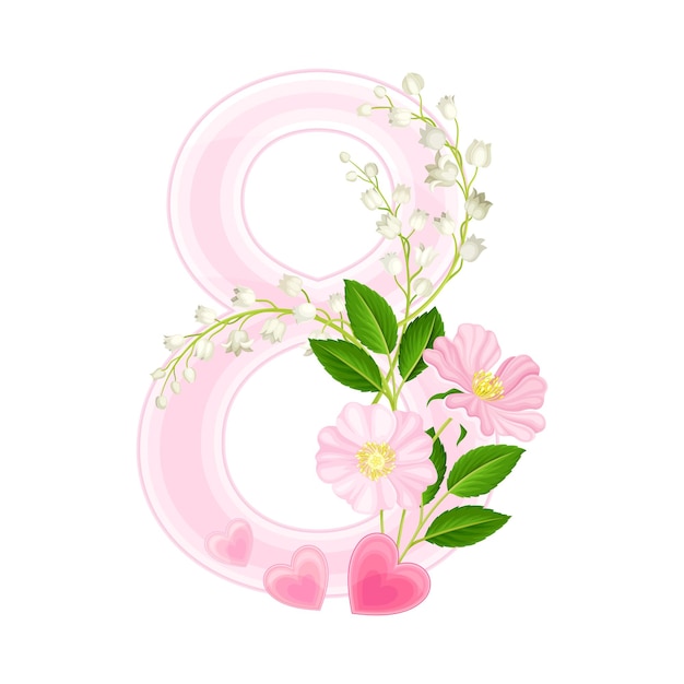 Número ocho arreglado con flores en flor y corazones como ilustración vectorial de atributos festivos del Día Internacional de la Mujer