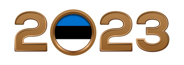 Número de oro de 2023 con la bandera de Estonia dentro. Diseño de texto de logotipo de número 2023 aislado en blanco.