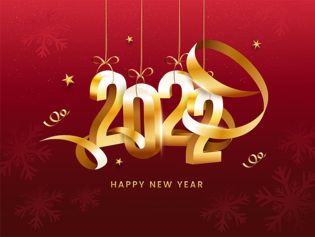 Número de oro 3d 2022 colgar con cinta dorada con curvas, estrellas y copos de nieve sobre fondo rojo para feliz año nuevo.