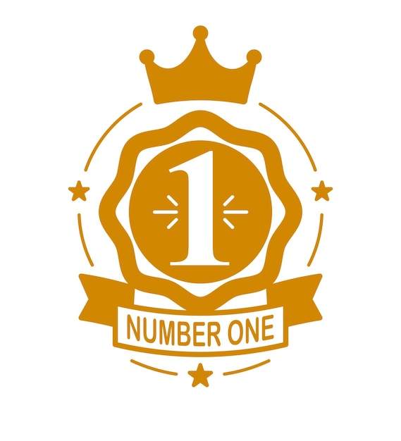 Número uno y primer lugar etiqueta vectorial o ilustración de emblema icono aislado o logotipo diseño gráfico en estilo clásico éxito empresarial liderazgo y tema de victoria